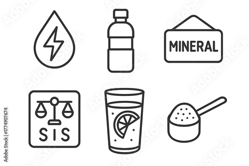 Intermittent Fasting Essentials. Line style icons of intermittent fasting: hydration and electrolytes, water bottle icon, mineral
