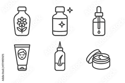 Homeopathic Beauty Icons. Line style icons of homeopathic beauty care: flower water, skin glow bottle, facial oil, gentle cleanser