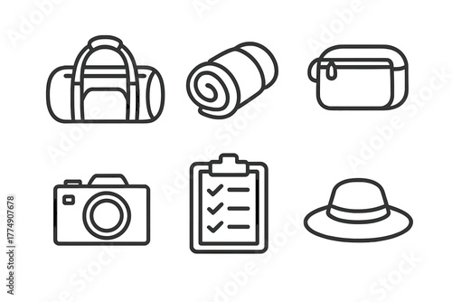 Glamping Packing Essentials. Line style icons of Glamping Travel Packing: duffel bag, clothing roll, toiletries bag, camera,