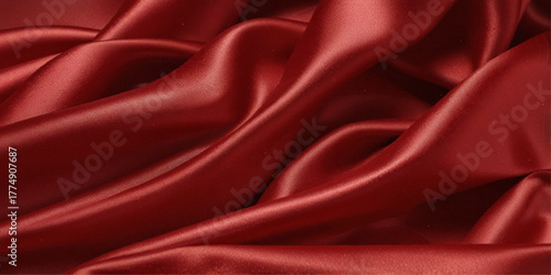 red satin silk, elegant fabric for backgrounds, beautiful red textile cloth background. detail of wavy red silk fabric background.
