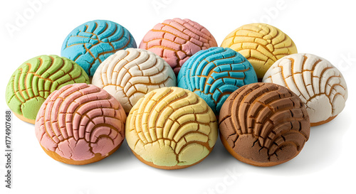 Vibrant Mexican conchas with soft bread texture and sugar shell pattern, isolated on white, studio-lit bakery photo