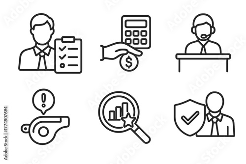 Hedge Fund Icons. Line style icons of hedge funds: internal audit, financial controls icon, investor complaint desk, whistleblower