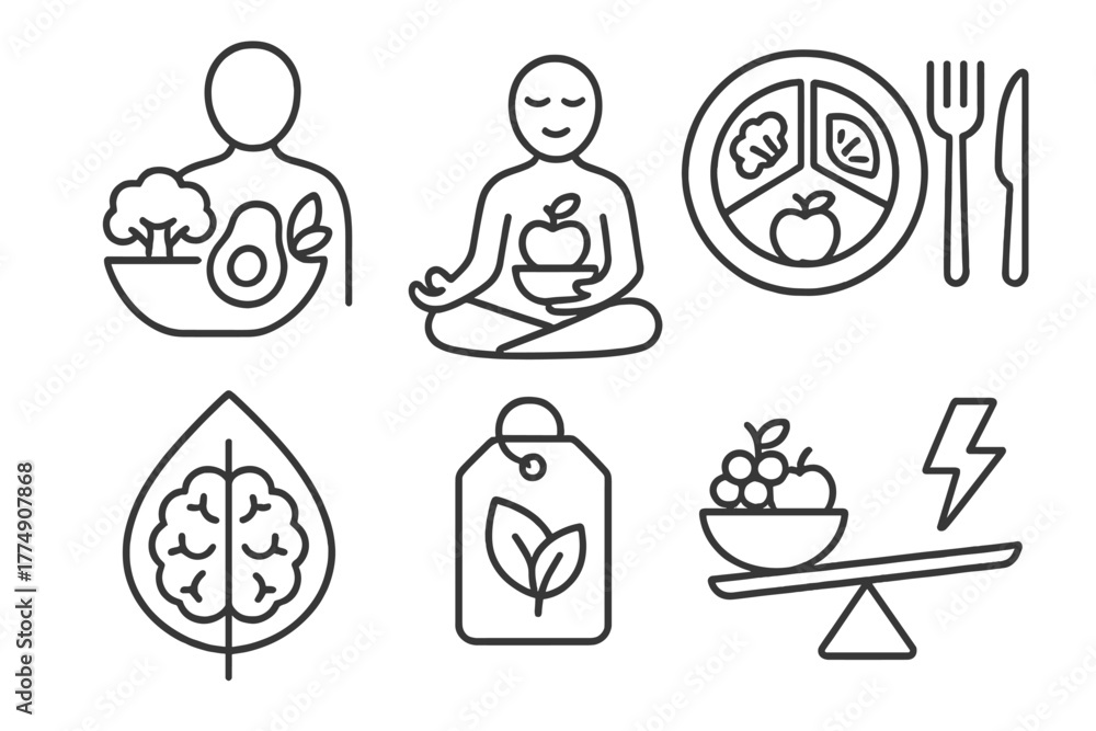Fototapeta premium Holistic Healing Icons. Line style icons of holistic healing: holistic nutrition, mindful eating icon, whole foods plate, organic
