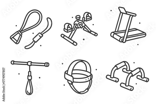 Zero-Gravity Fitness Icons. Line style icons of Fitness Tools in Zero-Gravity: resistance bands, stationary pedal set, mounted