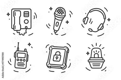 Zero-Gravity Communication Icons. Line style icons of Communication Items in Zero-Gravity: wall-mounted intercom, floating mic,