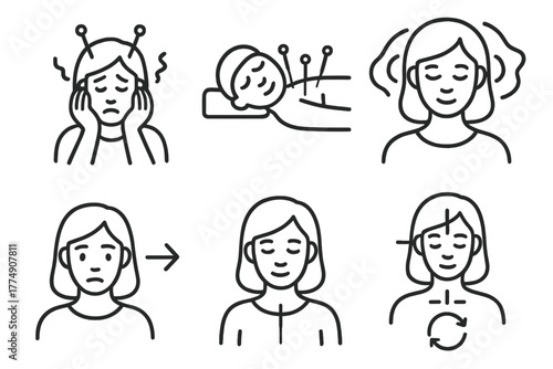 Acupuncture Icons Set. Line style icons of acupuncture: anxiety and stress relief, relaxed posture with needles, calm wave around