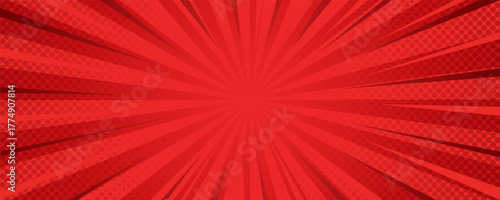 Vibrant red comic book sunburst background with radial rays and halftone dot pop art effect.
