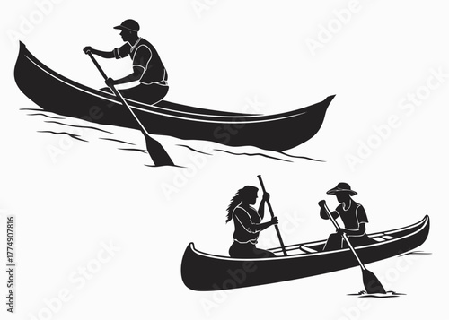 Silhouettes of people canoeing on water with paddles in black and white simple illustration style created with generated ai