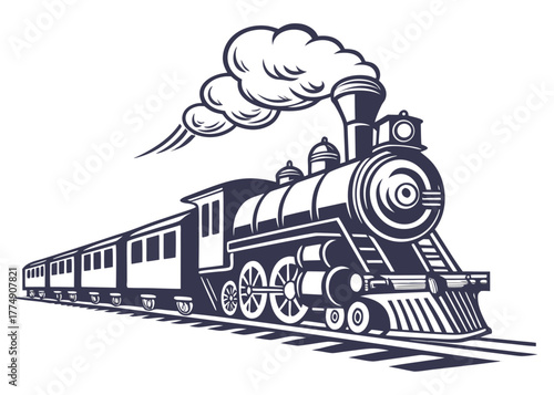 Illustration of a steam train with multiple passenger cars and smoke billowing from the engine stack created with generated ai