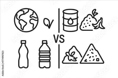 Biodegradable Plastics Comparison. Line style icons of biodegradable plastics: bioplastic vs regular plastic, side-by-side