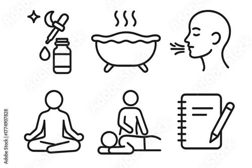 Calming Ritual Icons. Line style icons of calming rituals: bedtime oil drop, aroma bath soak, slow breathing, meditation session,