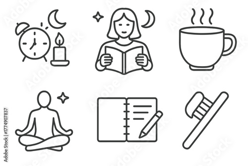 Sleep Therapy Icons. Line style icons of sleep therapy: bedtime rituals, reading before sleep, warm tea cup icon, meditation