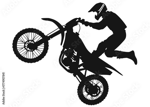 Silhouette of a motorcyclist performing a wheelie on a dirt bike with helmet and protective gear on created with generated ai