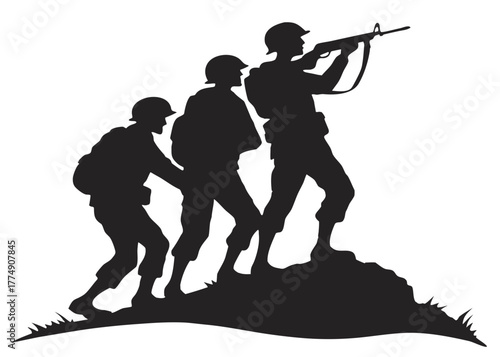 Silhouette of three soldiers climbing a hill one aiming a rifle in a black and white illustration created with generated ai