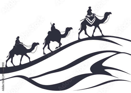 Silhouette of a caravan with three camels and riders traversing a desert landscape on rolling dunes created with generated ai