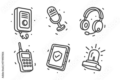 Zero-Gravity Communication Icons. Line style icons of Communication Items in Zero-Gravity: wall-mounted intercom, floating mic,