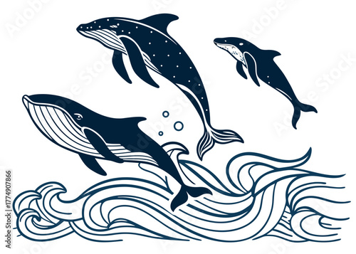 Three whales jumping out of the ocean waves with bubbles in a dark blue outline illustration art created with generated ai