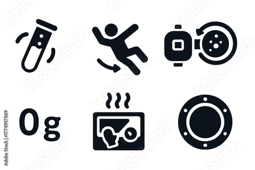 Microgravity Science Icons. Solid style icons of microgravity science: Floating Test Tube, Free-Fall Symbol, Lab Module, Rotating