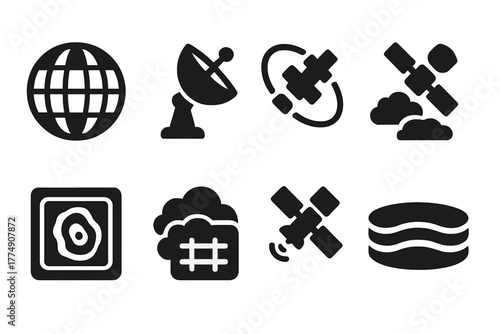Satellite Observation Tools. Solid style icons of satellite observation tools: Earth View Grid, Satellite Dish, Orbital Path,