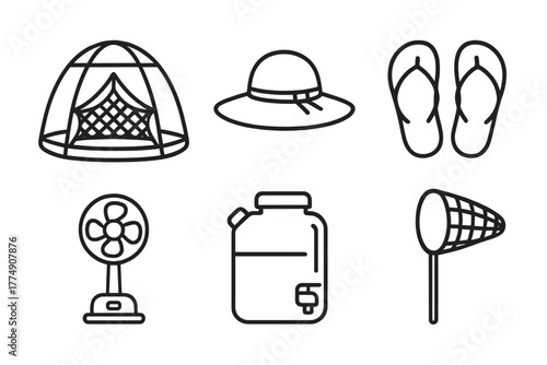 Glamping Essentials Icons. Line style icons of Glamping for Summer Setup: mesh tent, sun hat, flip-flops, picnic fan, hydration