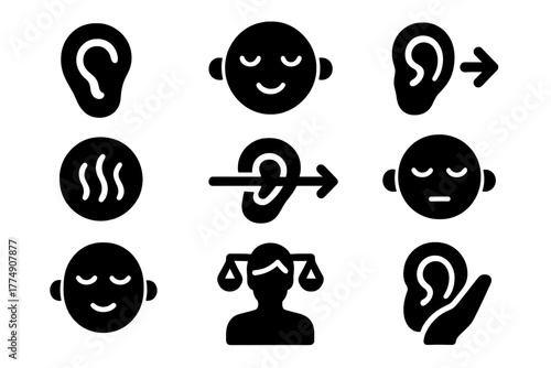 Ear Wellness Icons. Solid style icons of ear wellness and comfort: Clear Canal, Relaxed Face, Closed Eyes, Light Pressure, Warmth