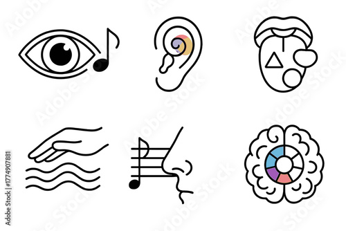 Synesthesia Icons Fusion. Line style icons of Synesthesia Sensory Fusion: eye with music note, ear with color swirl, tongue with