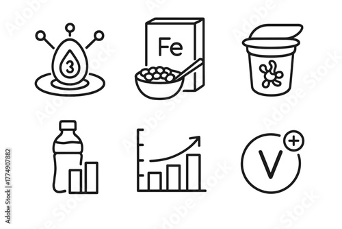 Nutrition Icons Collection. Line style icons of nutrition science: fortified and functional foods, omega-3 eggs icon,