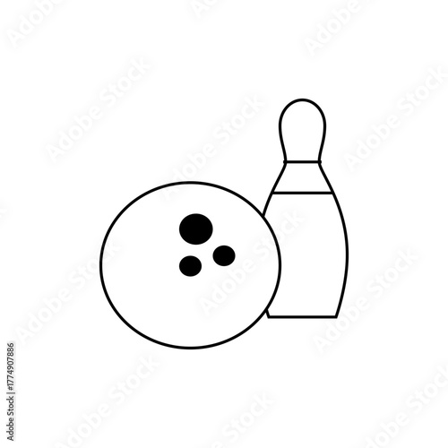 Illustration of a bowling ball with three holes and a single pin standing next to it in black and white