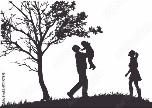 Silhouette of a family with a father holding a child under a tree with a mother watching them play created with generated ai