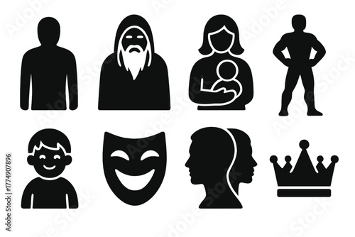 Jungian Archetypes Icons. Solid style icons of Jungian archetypes: Shadow Figure, Wise Old Man, Great Mother, Hero Pose, Innocent