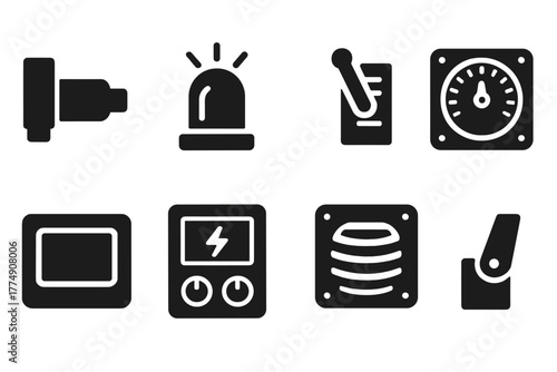 Machine Operation Icons. Solid style icons of machine operation elements: X-ray Tube, Indicator Light, Adjustment Lever,
