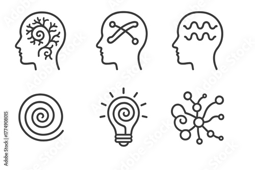 Fractal Mind Patterns. Line style icons of Internal Visualization Patterns: fractal mind image, light trails in brain, colorful