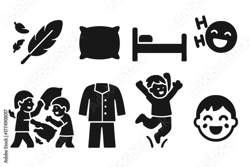 Cozy Pillow Fight Icons. Solid style icons of Cozy Play Fight: Feathers, Pillow, Bed, Laughter, Soft Combat, Pajamas, Jump, Giggle