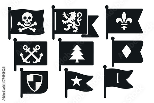 Historical Flags Icons. Solid style icons of historical flags: Pirate Flag, Medieval Banner, War Standard, Royal Insignia, Naval