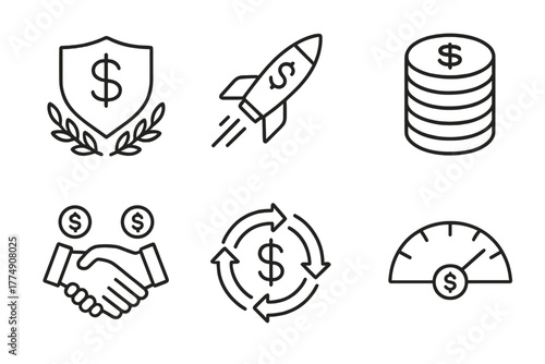 Private Equity Icons. Line style icons of private equity: private equity fund logo, fund launch icon, investor capital stack,