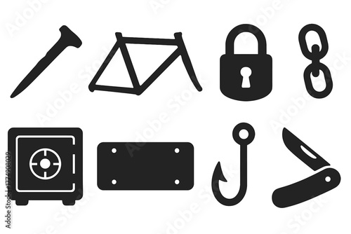 Solid Style Icons. Solid style icons of common found objects: Rusty Nail, Bicycle Frame, Padlock, Metal Chain, Safe Box, License