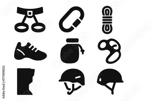 Rock Climbing Icons. Solid style icons of Rock Climbing: Harness, Carabiner, Rope, Climbing Shoes, Chalk Bag, Belay Device, Cliff,