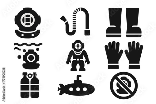 Vintage Diving Gear Icons. olid style icons of Vintage Diving Suit: Helmet, Air Hose, Weighted Boots, Deep Sea, Suit, Gloves,