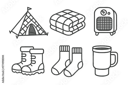 Winter Glamping Essentials. Line style icons of Glamping for Winter Setup: insulated tent, thick quilt, portable heater, snow