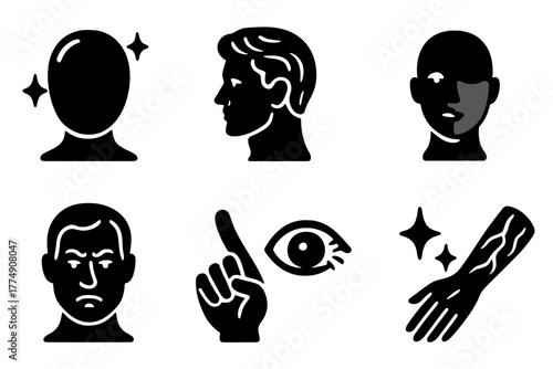 Detailed Wax Model Features. Solid style icons of wax model features: Glossy Surface, Sculpted Hair, Color-Tinted Flesh, Eyelash