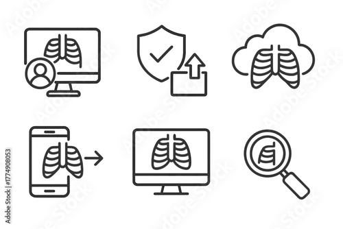 Telemedicine Icon Set. Line style icons of telemedicine: medical image sharing, secure image upload icon, X-ray cloud symbol, scan