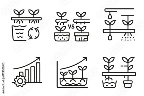 Hydroponics System Icons. Line style icons of hydroponics: hydro system comparison, DWC vs NFT icons, drip vs aeroponics diagram,