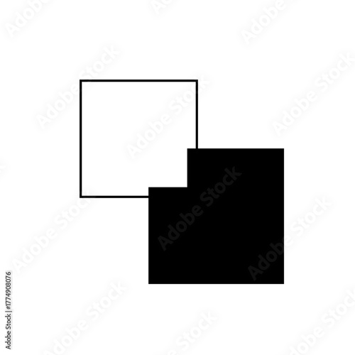 A simple graphic featuring a white outlined square partially overlapping a solid black square on white background