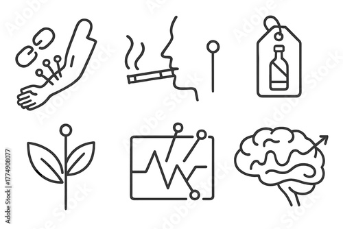 Acupuncture Recovery Icons. Line style icons of acupuncture: addiction recovery aid, quitting smoking points, alcohol recovery tag