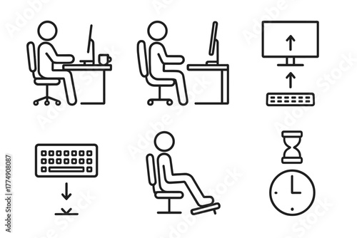 Ergonomic Office Essentials. Line style icons of workplace ergonomics: proper desk setup, lumbar cushion, monitor height, keyboard