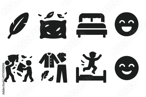 Cozy Pillow Fight Icons. Solid style icons of Cozy Play Fight: Feathers, Pillow, Bed, Laughter, Soft Combat, Pajamas, Jump, Giggle