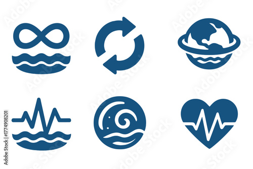 Symbolic Circulation Icons. Solid style icons of symbolic circulation: Infinity Loop Over Ocean, Interlocking Arrows, Earth with