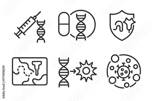 Genetic Engineering Icons. Line style icons of genetic engineering: vaccine development, gene-based vaccine, mRNA vaccine icon,