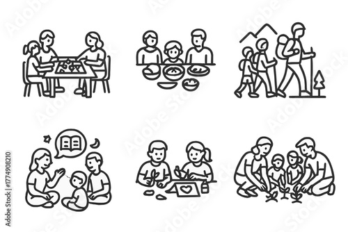 Tech-Free Family Activities. Line style icons of Tech-Free Family Time: board game night, shared meal icon, group hike,