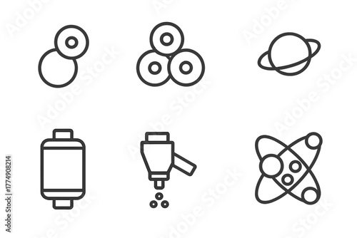 Nuclear Fusion Icons. Line style icons of nuclear fusion: deuterium atom, tritium atom, hydrogen isotope, fusion fuel cell, fuel